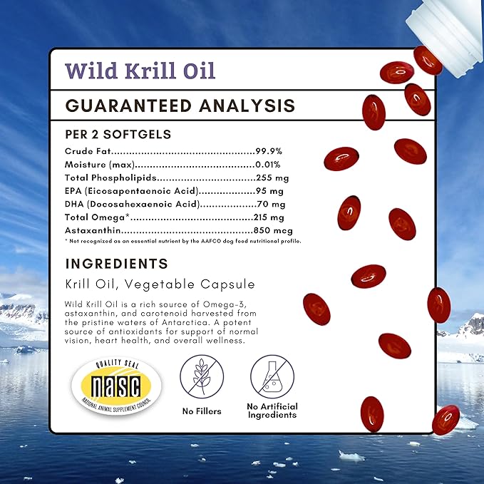 Wholistic Pet Organics Krill Oil for Dogs and Cats - Premium Antioxidant Support for Pets - Cat and Dog Skin and Coat Supplement with EPA, DHA, Astaxanthin - Omega 3 for Dogs and Cats - 60 Soft Gels