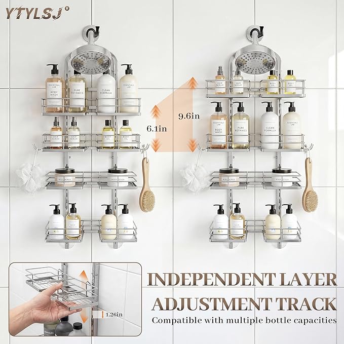 Aluminum Alloy Hanging Shower Caddy for Handheld Shower Heads, 4-Tier Adjustable Shower Rack, Rustproof Hose Hanging Shower Organizer with 2 S-Hooks, Silver