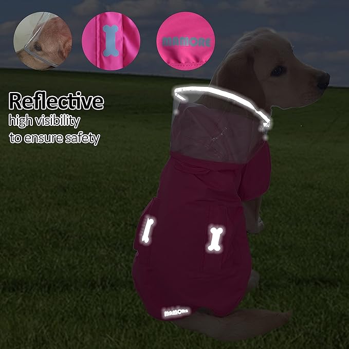 Waterproof Dog Raincoat, Adjustable Reflective Lightweight Pet Rain Clothes with Poncho Hood (Medium, Dark Pink)