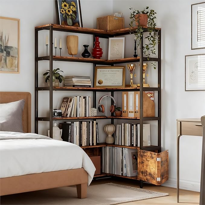 IRONCK Corner Bookshelf, Vintage Industrial Bookcase 6 Tier with Storage Cabinets, 70" Wooden Book Shelf with Metal Frame for Living Room, Office, Bedroom