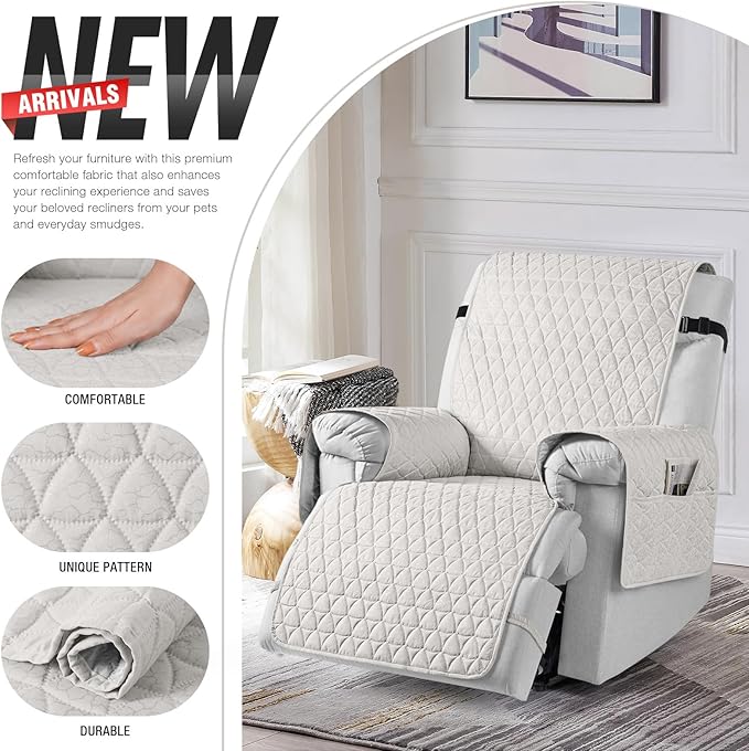 TAOCOCO 100% Waterproof Recliner Cover - Recliner Cover with Non-Slip Granule, Recliner Chair Covers with Elastic Band, Recliner Chair Covers for Reclining Chair(White,Oversized-30'')