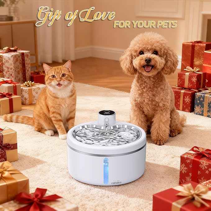 Wireless Cat Water Fountain with Stainless Steel Tray, 84oz/2.5L Pet Water Fountain for Cats Inside, Cat Fountain for Drinking with Motion Sensor, Ultra Quiet Pump for Pets& Small Animals (White)