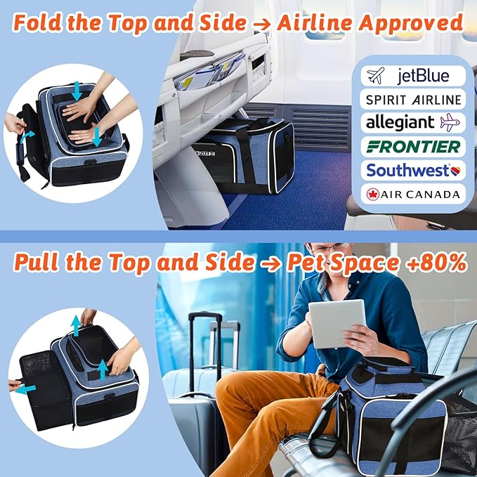 Petskd Top and Side Expandable Pet Carrier 17x12x8.5 Inches JetBlue Frontier Spirit Airline Approved, Soft-Sided Carrier for Small Cats and Dogs with Locking Safety Zippers and Anti-Scratch Mesh(Blue)