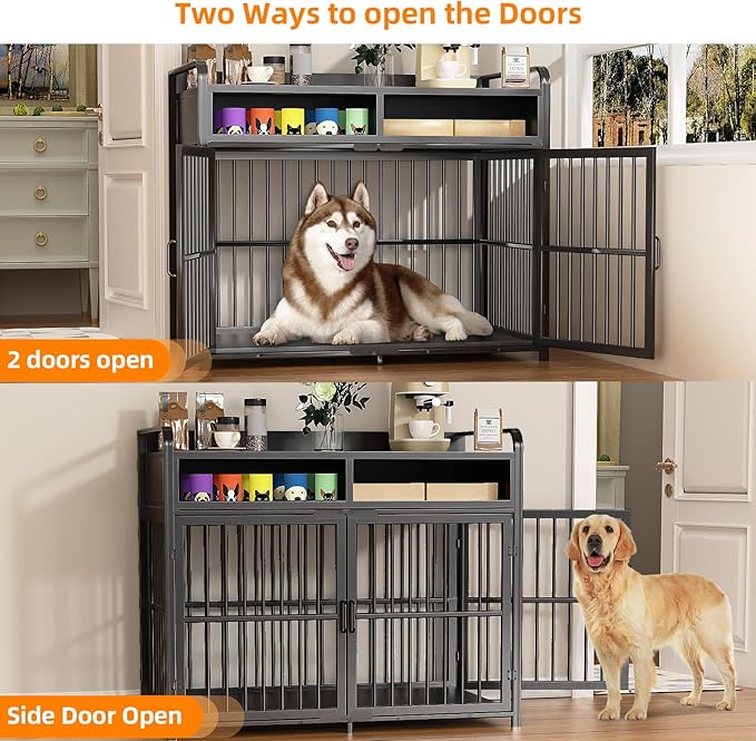 Large Dog Crate Furniture with Drawers Storage, Puppy Dog Kennel Indoor with Double Doors, Heavy Duty Wooden Dog Cage Table, Sturdy Metal, Black