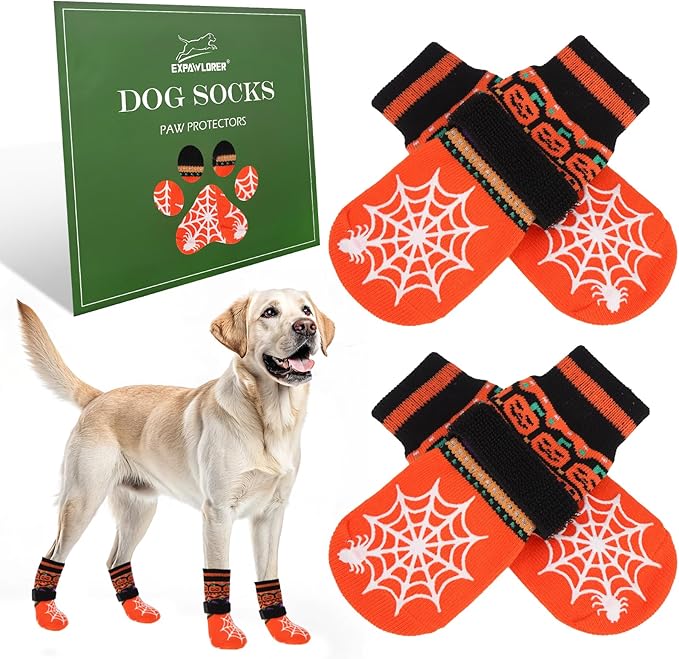 EXPAWLORER Halloween Anti Slip Dog Socks to Prevent Licking Paws, Boots & Paw Protectors with Spider Web Grippers,Doggie Booties for Hardwood Floors for Small Medium Large Senior Dogs Orange Pumpkin L