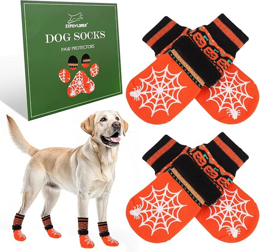 EXPAWLORER Halloween Anti Slip Dog Socks to Prevent Licking Paws, Boots & Paw Protectors with Spider Web Grippers,Doggie Booties for Hardwood Floors for Small Medium Large Senior Dogs Orange Pumpkin L