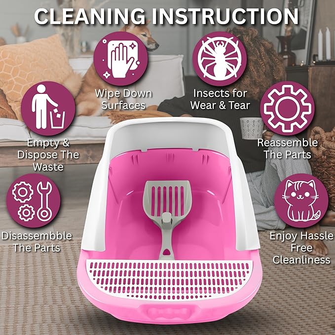 Large Open-Top Cat Litter Box with High Sides, Enclosed Scatter Shield Design, Easy Clean Plastic Litter Pan, Includes Scoop (Pink)