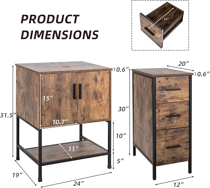 eclife 48" Bathroom Vanity Sink Combo Modern Metal Stand Cabinet W/Bottom Shelf & Storage Side Cabinets White Shell Vessel Sink & Water Save Faucet & Pop Up Drain, Rustic Brown (T54)