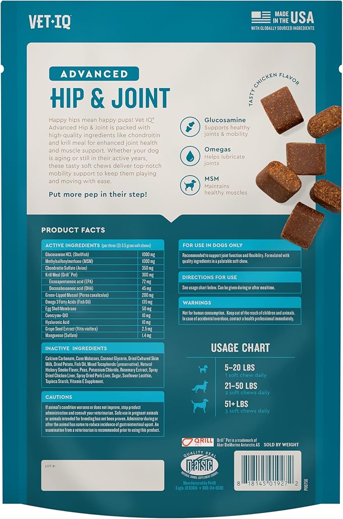 VetIQ Advanced Hip & Joint Chews For Dogs, 60 Count, Chicken Flavored Supplements Made with Glucosamine, Omega 3’s, Chondroitin, MSM & Green Lipped Mussel, Increases Mobility & Maintains Muscles