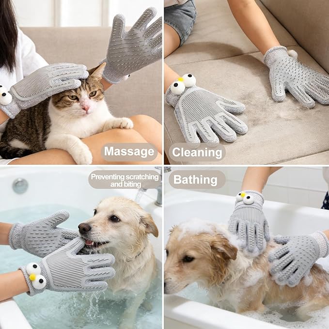 2-in-1 Spray Undercoat Brush & Fur Removal Gloves Combo Set - White - Dematting, Deshedding Grooming Tool with Water Spray Function for Dogs and Cats - Easy Fur Removal & Shed Control