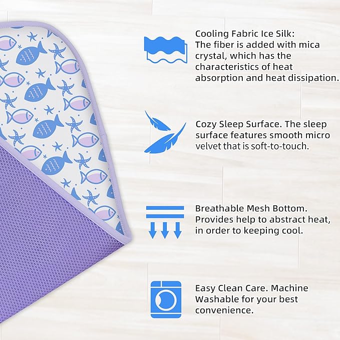 NWK Pet Cooling Mat -Q-Max>0.345 Ice Silk Cooling Mat for Dogs & Cats Portable & Washable Pet Cooling Blanket, Car Seats, Beds for Summer (Purple Fish, 20'' X 16'' X 0.3'')