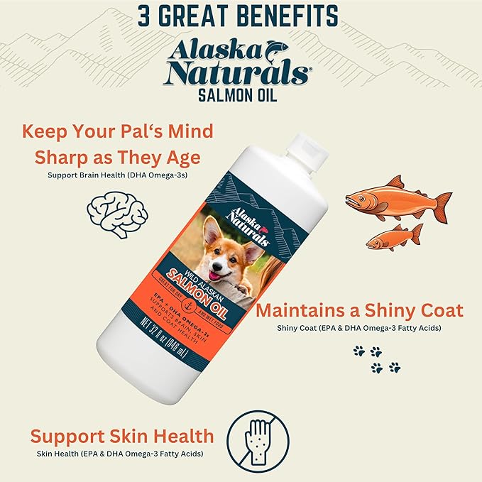 Alaska Naturals Wild Alaskan Salmon Fish Oil Supplement for Dogs Skin and Coat with EPA DHA Omega 3 Fatty Acids Liquid Food Topper 32 oz.