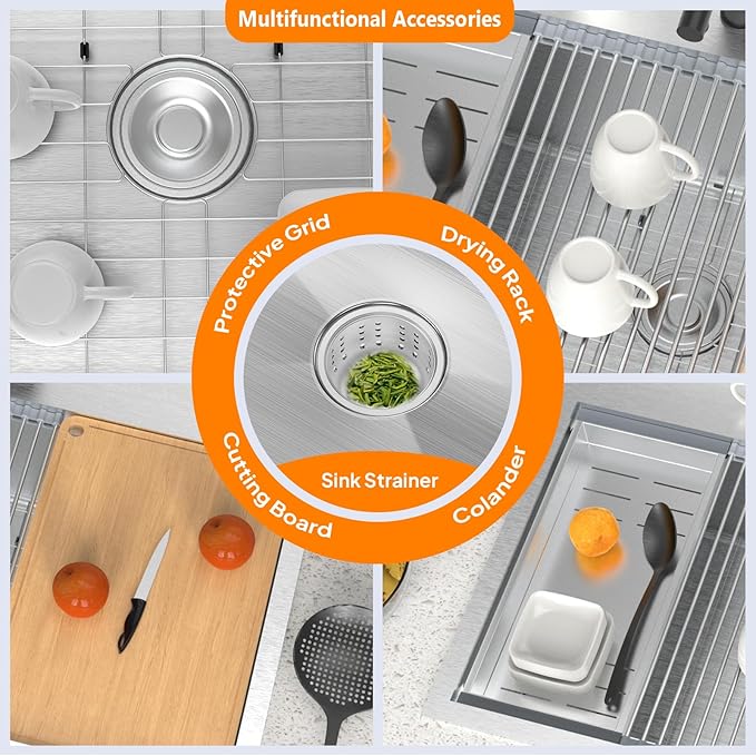 ROVSUN 33 Inch Stainless Steel Drop In, Kitchen Utility Sink, Workstation Deep Single Bowl, Integrated Ledge Multifunctional Workstation Sink Set,Silver