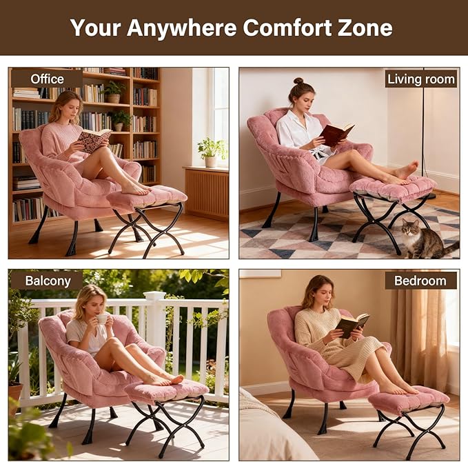 Welnow Lazy Chair with Ottoman, Modern Lounge Accent Chair with Armrests and a Side Pocket, Leisure Sofa Armchair Set, Reading Armchair with Footrest for Small Space, Plush Dark Pink