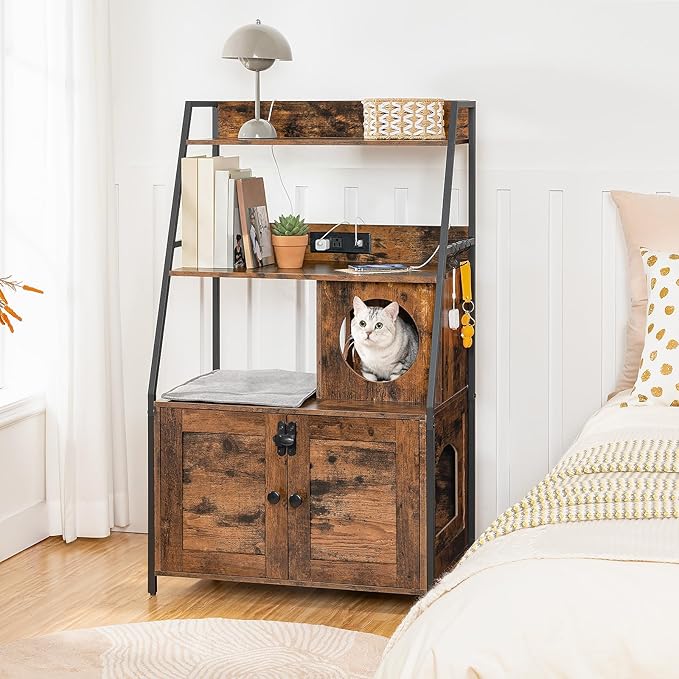 HOOBRO Litter Box Enclosure with 2 Storage Shelves, Tall Litter Box Furniture Hidden with Charging Station, Indoor Hidden Litter Box Furniture with Plush Mat, Rustic Brown and Black BF70UMW01