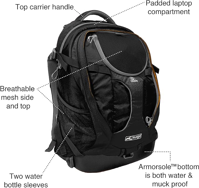 Kurgo G-Train Dog Carrier Backpack - Comfortable Travel Bag for Pets Up to 25 lbs - Waterproof Bottom - Multi-Compartment Pack - Dog Hiking Gear - Rugged Adventure Backpack - Black