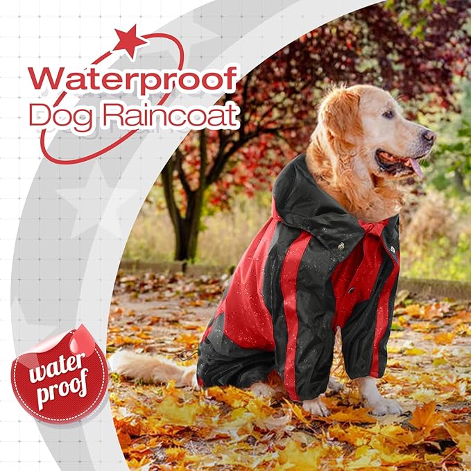 Dog Raincoat, Waterproof Dog Rain Jacket, Lightweight, Adjustable, Red, Large