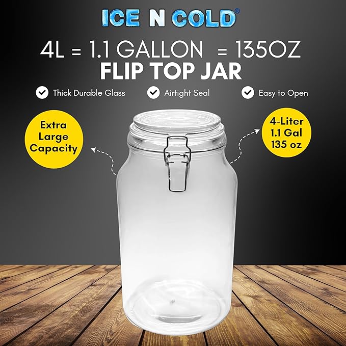 Airtight Glass Storage Jars with Clamp Lid – Food Storage Containers with Rubber Gasket Seal – Pantry & Kitchen Canisters for Dry Goods, Coffee, Sugar, Pasta – 0.4L to 4L Sizes (2, 135oz | 4L)