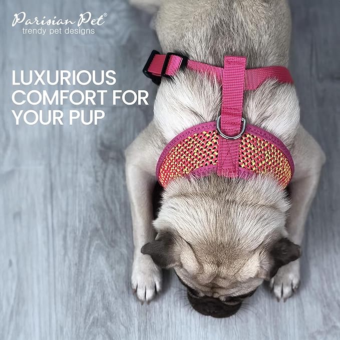 Parisian Pet Dog Harness - Adjustable Pink/Yellow Dog Vest Harness - 100% Mesh Fabric No Pull Puppy Harness - Cooling Dog Harness for Large Dogs - Idle for Walking, Running, and Hiking - XL