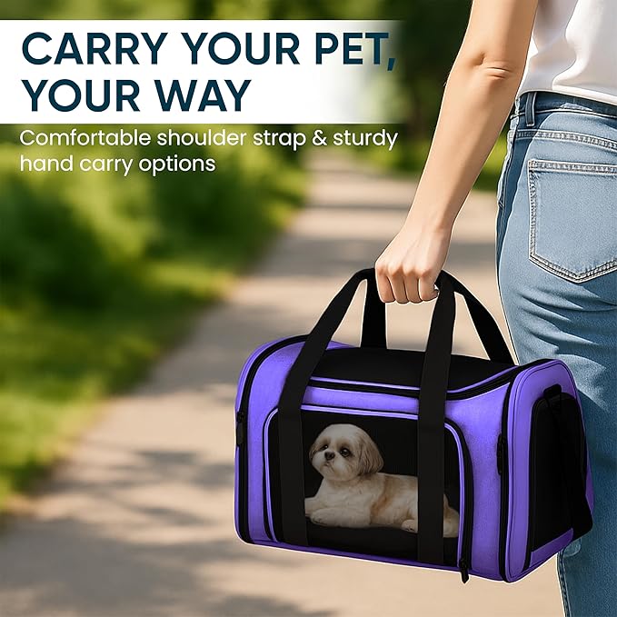 Pet Travel Carrier Bag – Airline Approved Soft-Sided Dog & Cat Carrier, Foldable, Breathable Mesh, Washable Pad – Fits Pets up to 15 lbs – The Pup Quartet (Purple)