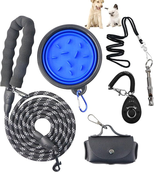 Dog Training Starter Kit for Beginners, 5-Piece Puppy Training Set with Reflective Leash, Clicker, Adjustable Whistle, Collapsible Slow Feeder Bowl and Poop Bag Holder, New Dog Owner Essentials