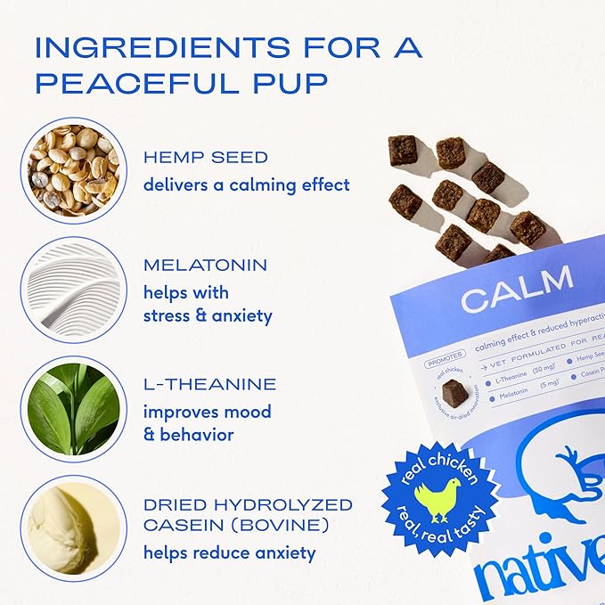 Native Pet Calming Chews for Dogs - Melatonin for Dogs Anxiety Relief - Grain Free All Natural Hemp Calming Treats & L-Theanine Helps Manage Stress & Separation Anxiety - Puppy Sleep Aid - 60 Chews