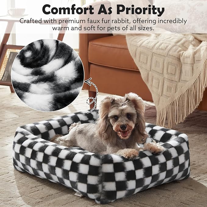 JOEJOY Small Dog Bed for Small Dogs, Removable Washable Cover Orthopedic Soft Faux Rabbit Fur Pet Bed, Anti-Slip Fluffy Plush Puppy Bed, 20"x19"x6", Checkered, Black