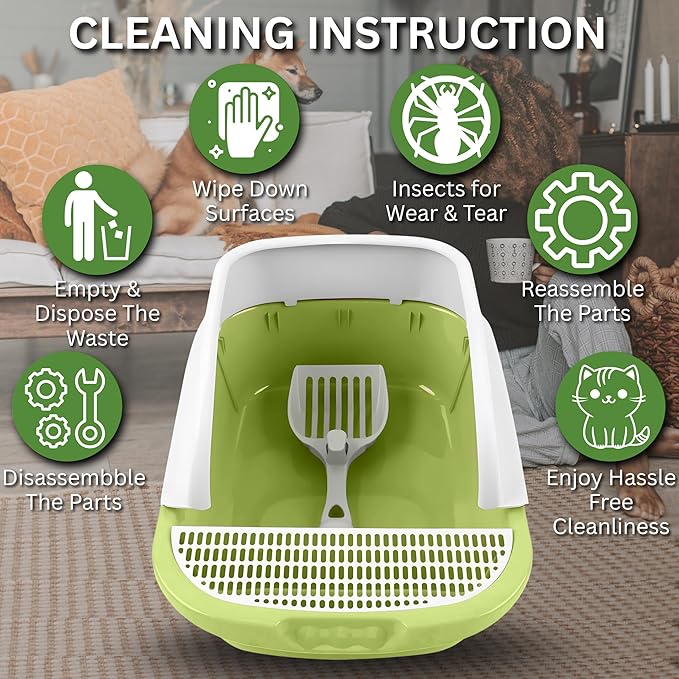 Large Open-Top Cat Litter Box with High Sides, Enclosed Scatter Shield Design, Easy Clean Plastic Litter Pan, Includes Scoop (Green)