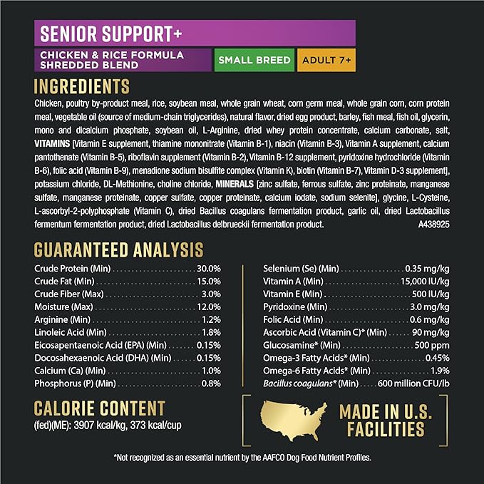 Purina Pro Plan AdvantEDGE Senior Support Plus Small Breed Shredded Blend Chicken and Rice Formula Dry Dog Food - 12 lb. Bag