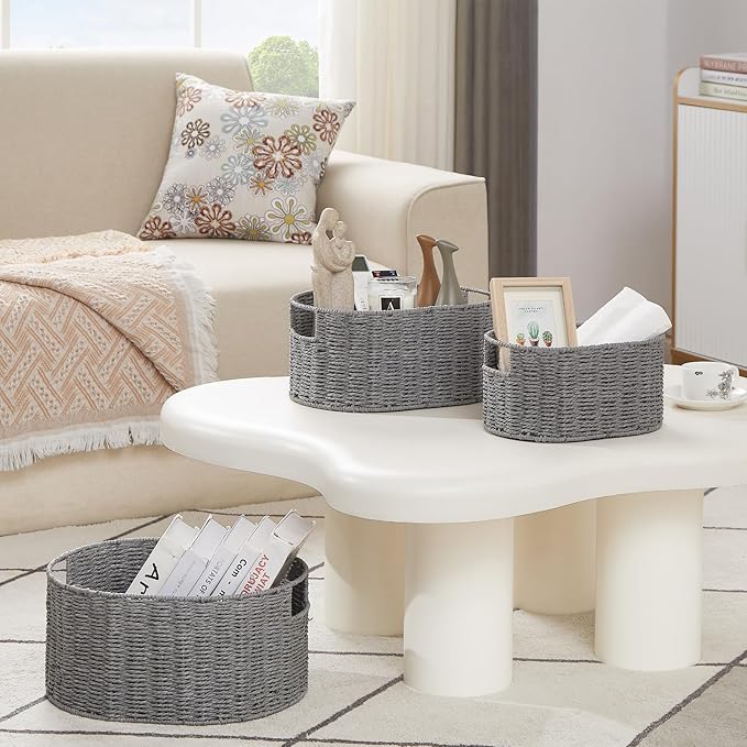 Vagusicc Wicker Storage Basket, Set of 3 Hand-woven Storage Baskets for Organizing, Round Large Wicker Baskets for Storage Decor, Pantry Storage Cubes Organization Baskets for Shelves, Grey