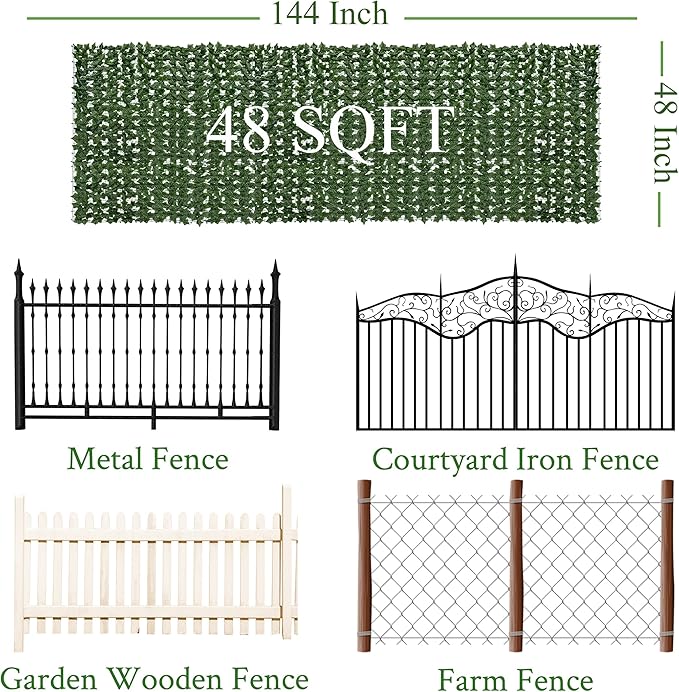 Artificial Ivy Privacy Fence Screen: 144 "x 48" (48 Sqft) Anti-Ultraviolet Artificial Hedge Grass Wall, Used for Indoor and Outdoor Green Background, Garden Greening Decoration