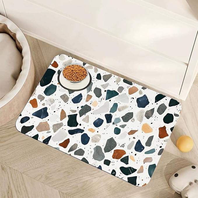 Terrazzo Stone Colorful Dog Cat Food Mat,Absorbent Pet Feeding Mat for Food and Water,Non-Slip Dog Bowl Mats Floor Protector 12"x20"