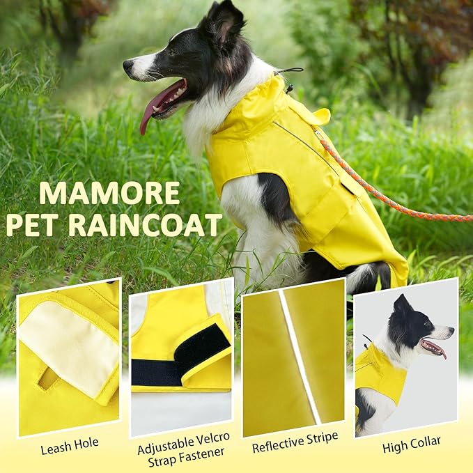 Waterproof Dog Raincoat, Adjustable Lightweight Dog Rain Jacket with Reflective Strip Leash Hole for Small Medium Large Dogs (Yellow, X-Large(37-55lb))