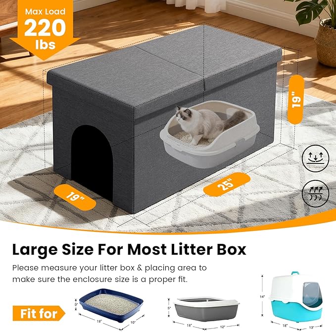 3-in-1 Cat Litter Box Enclosure with Odor Control, Multi-Functional Hidden Litter Box Furniture Bench, Dog Proof, Space-Saving Ottoman Cabinet with Flip-Up Lid, Storage Footrest, Dark Grey