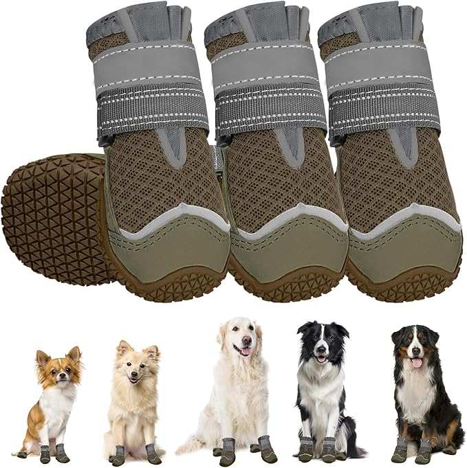 SlowTon Dog Shoes for Large Small Medium Dogs - Breathable Dog Boots for Summer Hot Pavement, Paw Protector for Outdoor Walking Winter Snow, Anti-Slip Rubber Dog Booties for Hardwood Floor (Brown, 7)