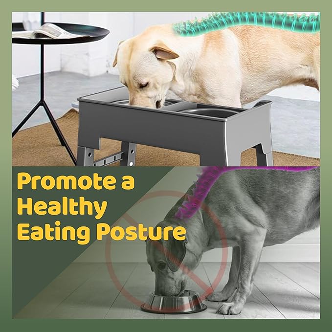 2-in-1 Elevated Dog Bowls, Mess-Proof Slow Feeder with No-Spill Water Bowl, 4 Height Adjustable, 2 Combination Options, Raised Bowl for Small, Medium & Large Dogs (Grey)