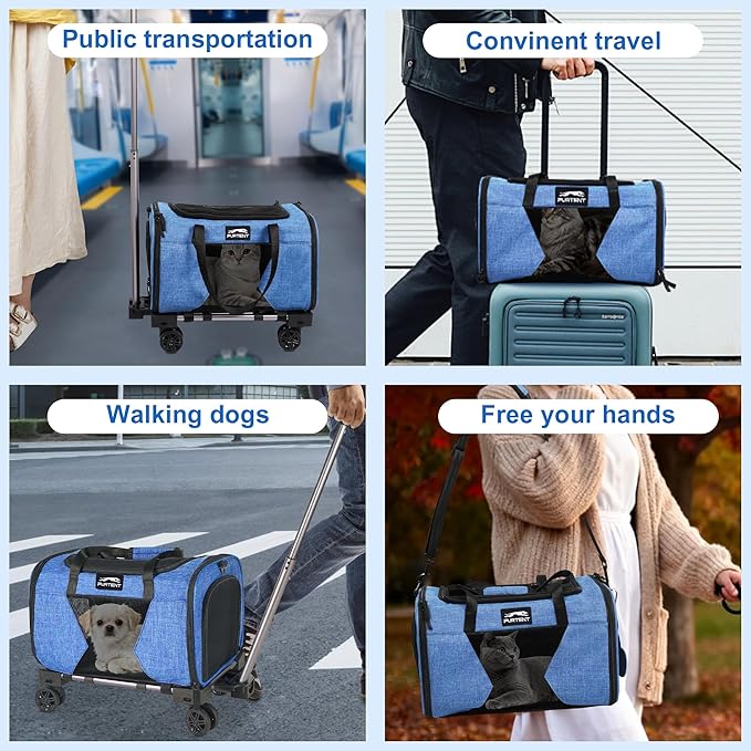 Cat Carrier with Wheels – Airline Approved Pet Travel Backpack, Soft-Sided Collapsible Rolling Carrier for Cats and Small Dogs, Expandable Top Loading Ventilated Design, Blue
