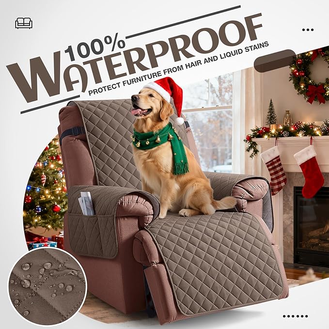 KinCam 100% Waterproof Recliner Chair Cover, Reclining Couch Covers for Pets, Dogs, Recliner Couch Slipcover Furniture Protector with Elastic Straps for Kids(25", Brown)
