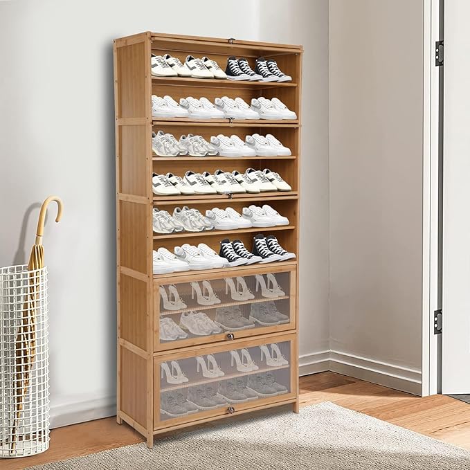 10 Tiers Shoe Rack, Bamboo Shoe Cabinet with Flip Doors Freestanding Shoe Shelf Storage Organizer for Closet, 40-45 Pairs Large Capacity Shoe Storage Cabinet for Closet, Hallway (Brown)