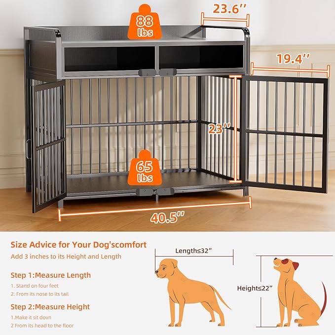 Large Dog Crate Furniture with Drawers Storage, Puppy Dog Kennel Indoor with Double Doors, Heavy Duty Wooden Dog Cage Table, Sturdy Metal, Black