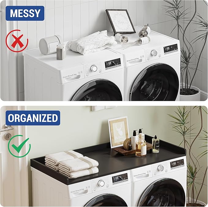 Washer Dryer Countertop,27.5" x 54" Wood Topper for Laundry Room Organization，Laundry Countertop over Washer and Dryer,With Edge Rails,Non-Slip Mat,Easy to Assemble