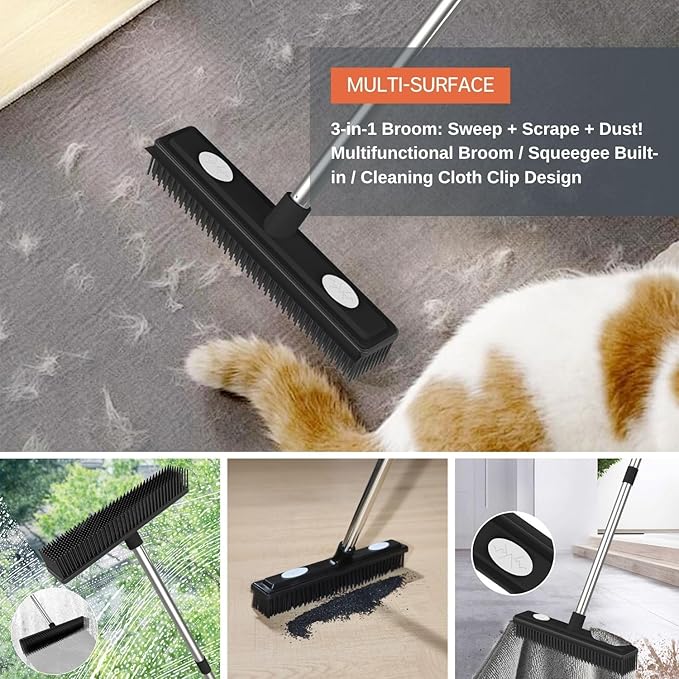 Pet Hair Remover Carpet Rake X 2 Reusable Rubber Broom with Squeegee for Sweeping Pet Hair Removal Tool 59" Long Handle Cat and Dog Hair Remover for Rugs, Carpet, Hardwood Floor, Tile