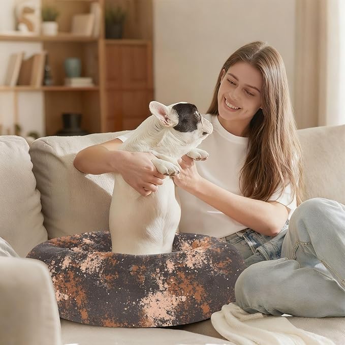 Brown Grey Mottled Pattern Pet Dog Beds Calming Anti Anxiety fluffier Calming Bed for Medium Size Pets Supplies