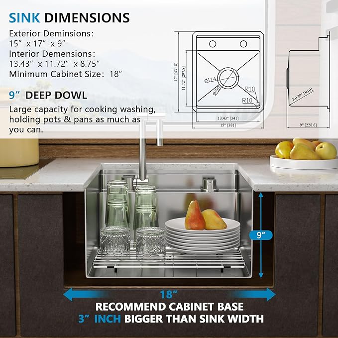 15 Inch RV Kitchen Sink - Fulorni 15"x17" Outdoor RV Mobile Camper Wet Bar Prep Sink Undermount 16 Gauge Stainless Steel Single Bowl Basin with Foldable Faucet