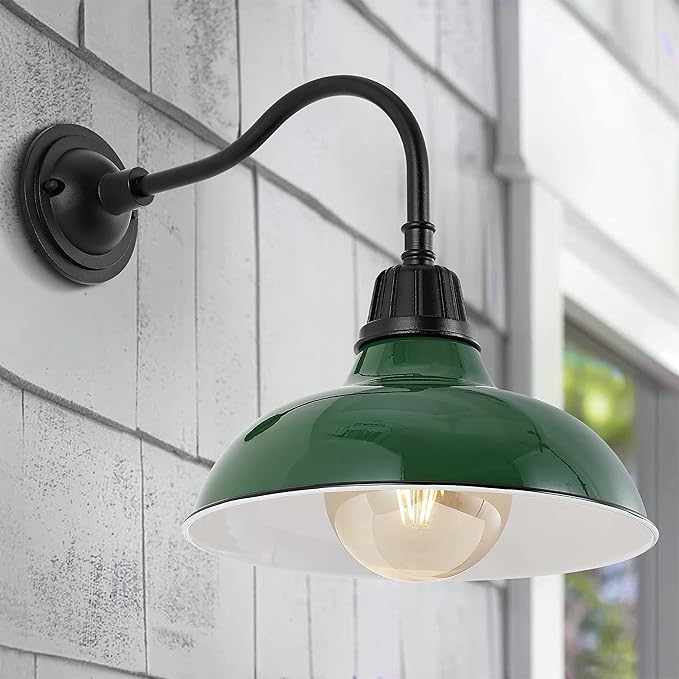JONATHAN Y JYL7613F Aurora 12.25" 1-Light Farmhouse Industrial Indoor/Outdoor Iron LED Gooseneck Arm Outdoor Sconce Metal Bowl Shade Vintage Cottage Rustic Porch Patio Yard Barn, Green