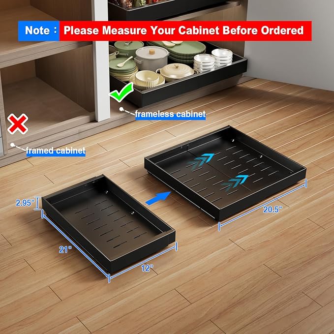 2 Pack Pull Out Cabinet Organizer Expandable, 21"Deep Slide Out Drawer for Cabinets Adhesive Pull Out Drawers Heavy Duty Pull Out Shelves for Kitchen, Cupboard, Pantry, Bathroom(Black)