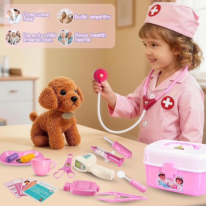 Girl Toys Doctor Kit for Toddlers 3-5 with Plush Dog, 39 PCS Kids Vet Play Set with Heartbeat Sound Stethoscope & Dress Up Toddler Doctor Costume & Hat, Pretend Play Pet Vet Toy for Girls Gifts