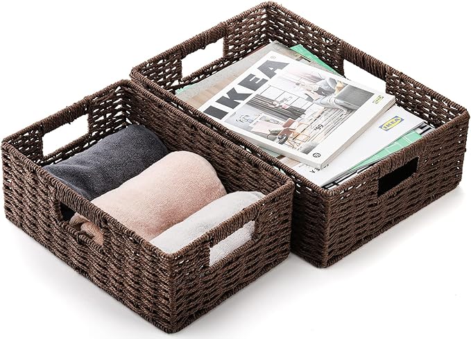 TOPZEA 2 Pack Brown Wicker Storage Basket for Shelves, Hand Woven Paper Rope Shelf Basket, Pantry Organization Baskets with Handle, Decorative Closet Organizer Bins for Kitchen, Bathroom, Coffee Bar