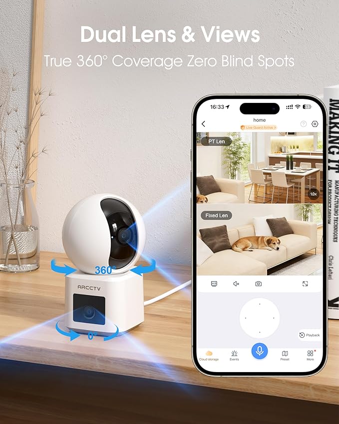 Dual Lens Indoor Security Camera, 2.5K WiFi 6 Pet Camera with Phone App, 360° Dog Camera for Home Security, 5GHz Wireless, 2-Way Audio, Motion Tracking, Night Vision, Baby Monitor