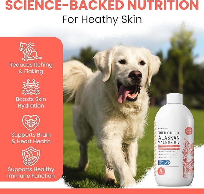 Wild Alaskan Salmon Oil for Dogs 8oz MSC Certified - Omega 3 EPA DHA for Skin & Coat, Itchy Skin & Allergies, Joint Support - Liquid w/Pump - Sockeye Salmon - Chew + Heal Labs